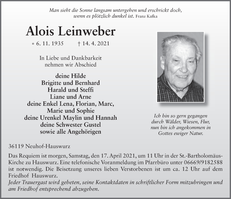  Traueranzeige für Alois Leinweber vom 16.04.2021 aus FZ