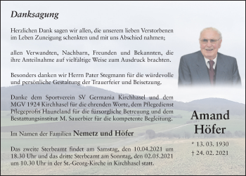 Traueranzeige von Amand Höfer von FZ