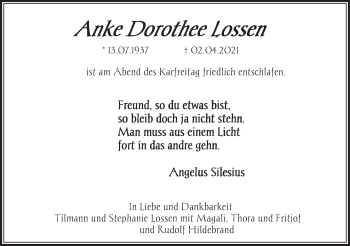 Traueranzeige von Anke Dorothee Lossen von FZ