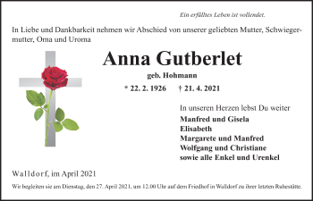 Traueranzeige von Anna Gutberlet von FZ