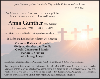 Traueranzeige von Anna Günther von FZ