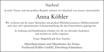 Traueranzeige von Anna Köhler von FZ
