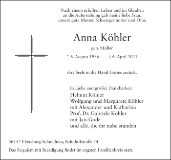Traueranzeige von Anna Köhler von FZ