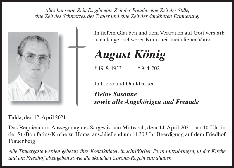  Traueranzeige für August König vom 12.04.2021 aus FZ