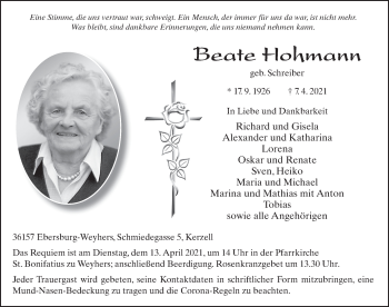 Traueranzeige von Beate Hohmann von FZ