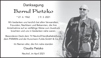 Traueranzeige von Bernd Pietzko von FZ