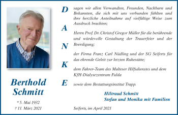 Traueranzeige von Berthold Schmitt von FZ