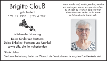 Traueranzeige von Brigitte Clauß von FZ