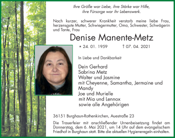 Traueranzeige von Denise Manente-Metz von FZ