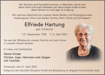 Traueranzeige von Elfriede Hartung von FZ