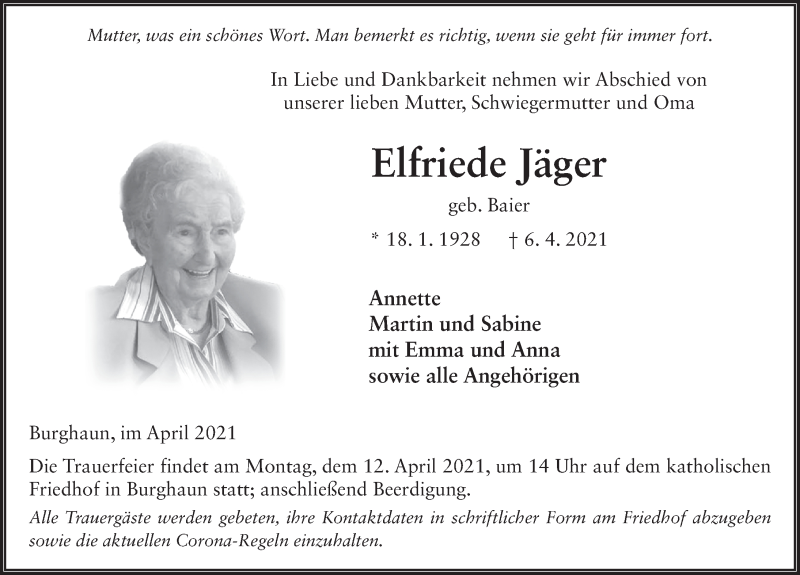  Traueranzeige für Elfriede Jäger vom 09.04.2021 aus FZ