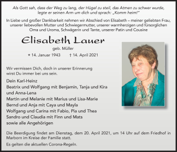 Traueranzeige von Elisabeth Lauer von FZ