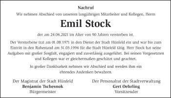 Traueranzeige von Emil Stock von FZ