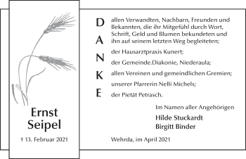 Traueranzeige von Ernst Seipel von FZ