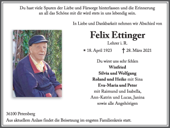 Traueranzeige von Felix Ettinger von FZ