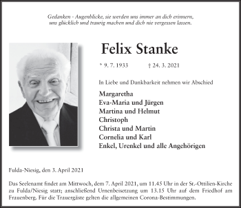 Traueranzeige von Felix Stanke von FZ