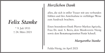 Traueranzeige von Felix Stanke von FZ