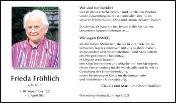 Traueranzeige von Frieda Fröhlich von FZ