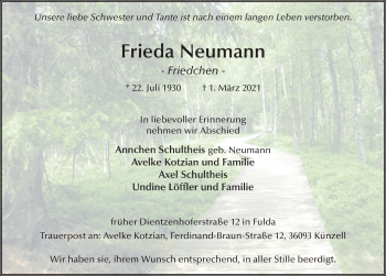 Traueranzeige von Frieda Neumann von FZ