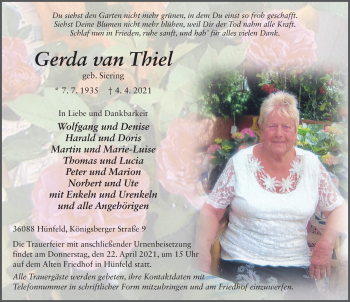 Traueranzeige von Gerda van Thiel von FZ