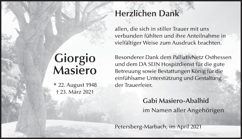  Traueranzeige für Giorgio Lucio Masiero vom 30.04.2021 aus FZ