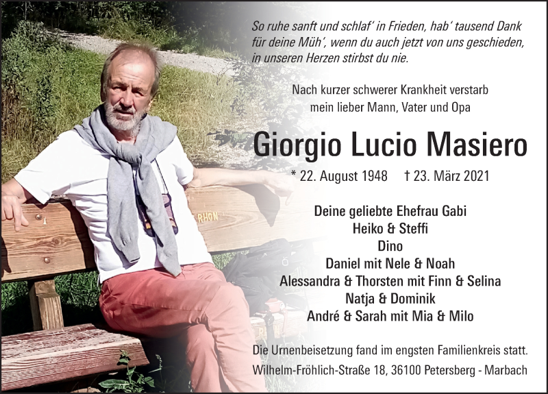  Traueranzeige für Giorgio Lucio Masiero vom 07.04.2021 aus FZ