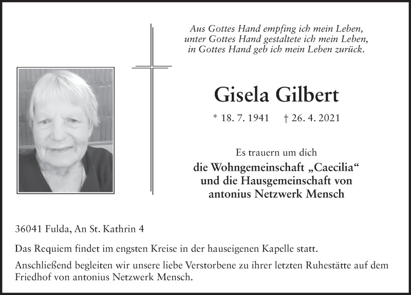  Traueranzeige für Gisela Gilbert vom 29.04.2021 aus FZ