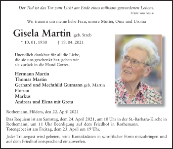 Traueranzeige von Gisela Martin von FZ