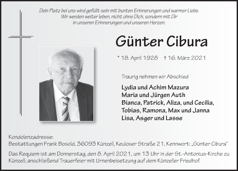  Traueranzeige für Günter Cibura vom 03.04.2021 aus FZ