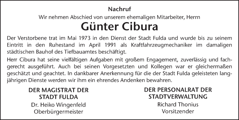  Traueranzeige für Günter Cibura vom 09.04.2021 aus FZ