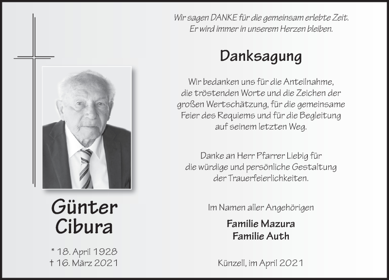  Traueranzeige für Günter Cibura vom 17.04.2021 aus FZ