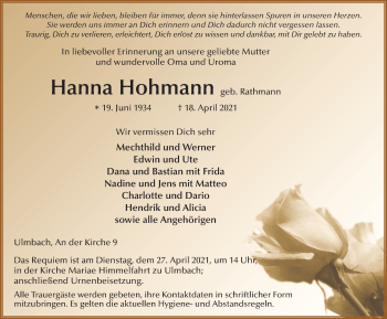 Traueranzeige von Hanna Hohmann von FZ