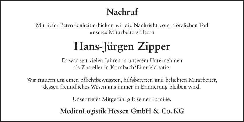  Traueranzeige für Hans-Jürgen Zipper vom 28.04.2021 aus FZ