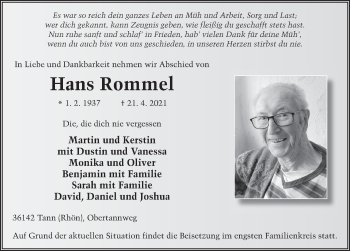 Traueranzeige von Hans Rommel von FZ