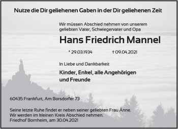 Traueranzeige von Hans Friedrich Mannel von FZ