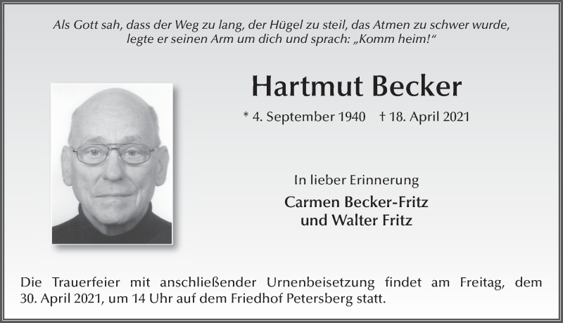  Traueranzeige für Hartmut Becker vom 27.04.2021 aus FZ