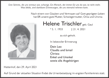 Traueranzeige von Helene Trischler von FZ