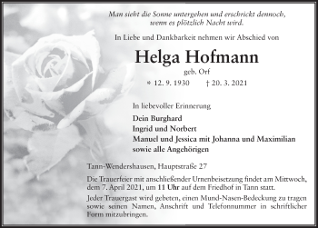 Traueranzeige von Helga Hofmann von FZ