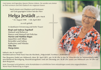 Traueranzeige von Helga Jestädt von FZ