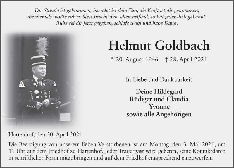  Traueranzeige für Helmut Goldbach vom 30.04.2021 aus FZ