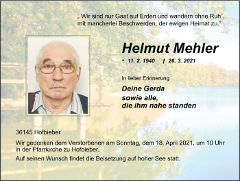 Traueranzeige von Helmut Mehler von FZ