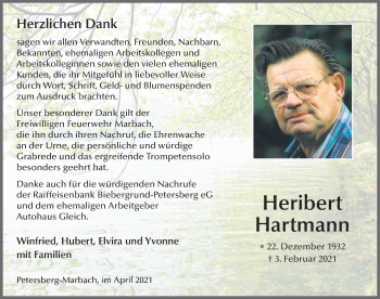 Traueranzeige von Heribert Hartmann von FZ