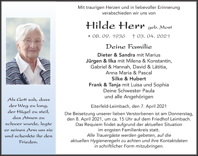  Traueranzeige für Hilde Herr vom 07.04.2021 aus FZ