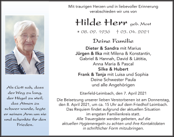 Traueranzeige von Hilde Herr von FZ