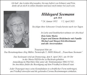 Traueranzeige von Hildegard Seemann von FZ