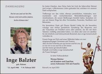 Traueranzeige von Inge Balzter von FZ