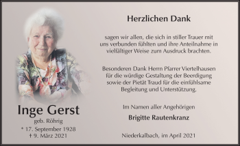 Traueranzeige von Inge Gerst von FZ