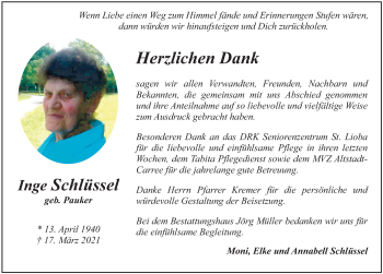 Traueranzeige von Inge Schlüssel von FZ