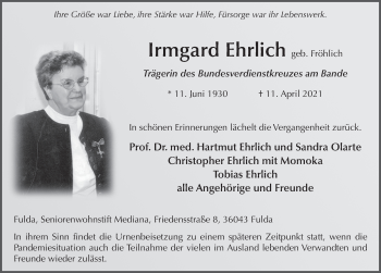 Traueranzeige von Irmgard Ehrlich von FZ