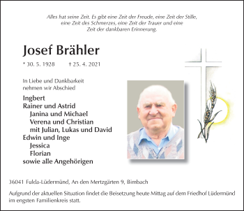Traueranzeige von Josef Brähler von FZ